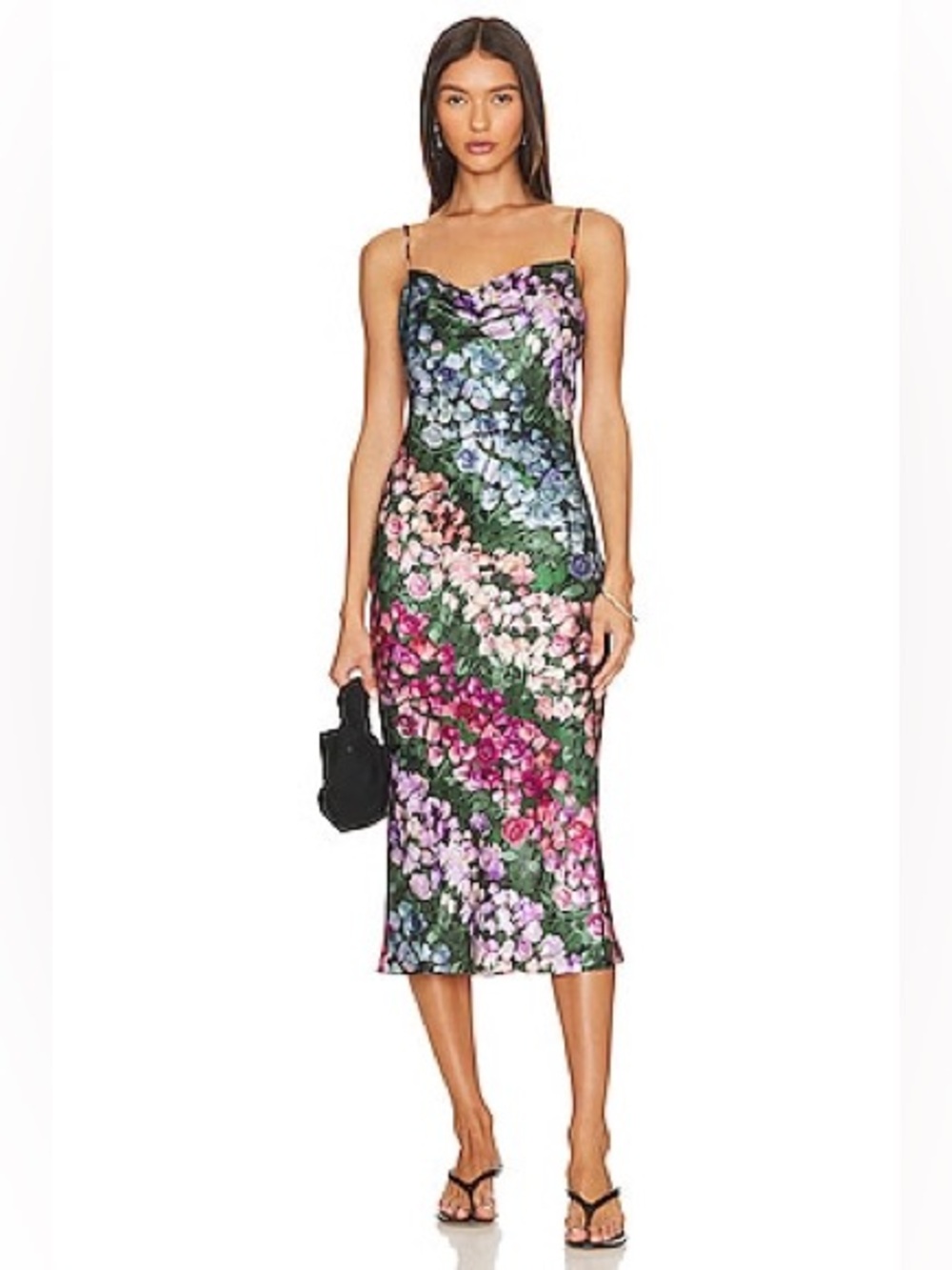 Fleur du Mal Floral Rose Strip Long Slip Midi Dress in Green, Pink, Purple, Sm.